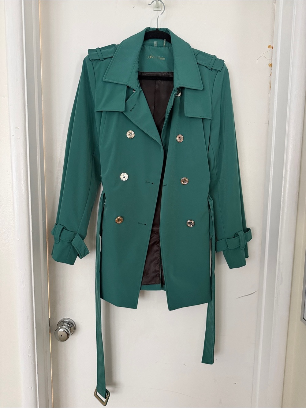 Calvin Klein Teal Double-Breasted Trench Coat with Belt